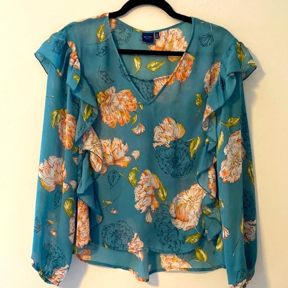 Kaari Blue Tops - Kaari Blue, Long Sleeve, Blue Blouse w/ Floral Print, Size S